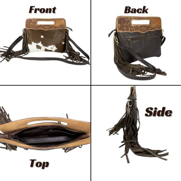 Leather Hand-Tooled Hair-on Fringe Bag with with Free Gift, Bifold Black Wallet - Picture 3 of 11